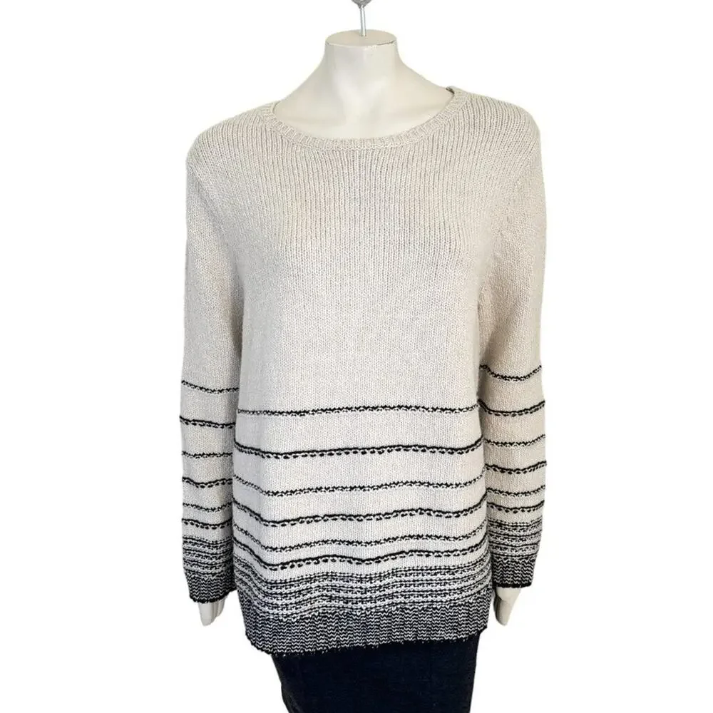 J.JILL Ribbed Knit 3D Stripe Soft Cozy Sweater in Cream & Black SZ XL